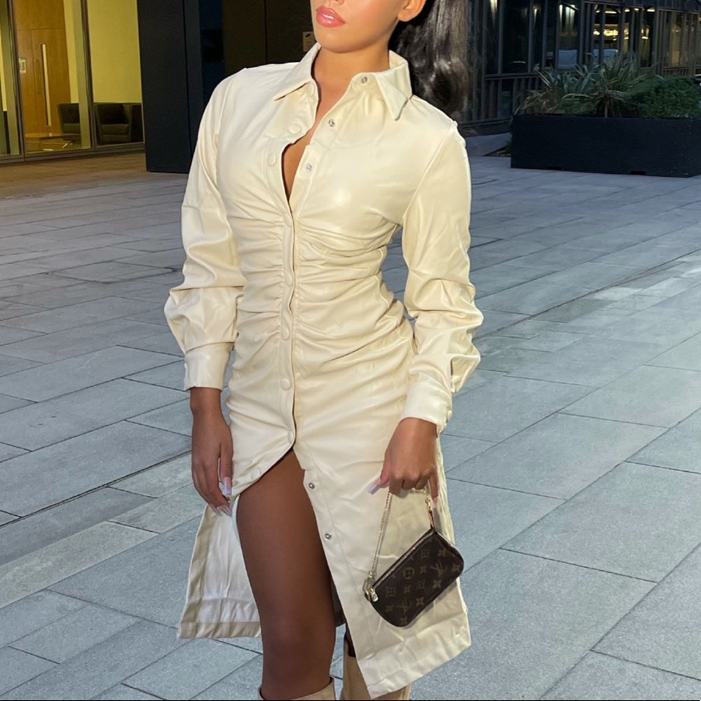 Cream Faux Leather Midi Dress